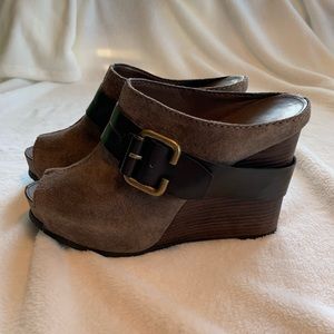 Brown Suede Wedge Mules with Black Strap